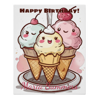 Poster Joyeux Anniversaire Glace Roulée Kawaii Cartoon