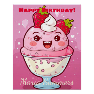 Poster Joyeux Anniversaire Sorbet crème glacée Kawaii Car