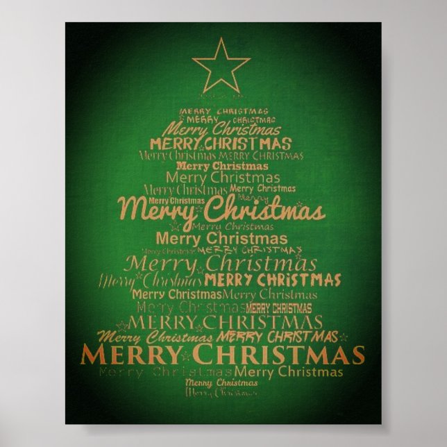 Poster Joyeux arbre de Noël vert et or (Devant)