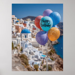 Poster Joyeux ballons d'anniversaire à Santorin, Grèce