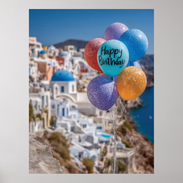 Poster Joyeux ballons d'anniversaire à Santorin, Grèce (Devant)
