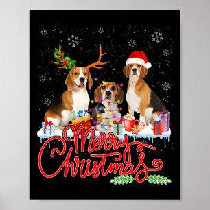 Poster Joyeux Beagle de Noël Chien Père Noël Reindeer Lig