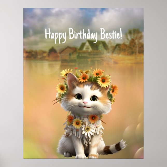 Poster Joyeux Bestie Cute Boho Chat d'anniversaire (Devant)