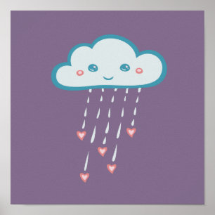 Poster Joyeux Blue Rain Nuage Pluie Coeurs roses