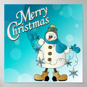 Poster Joyeux bonhomme de neige bleu Noël
