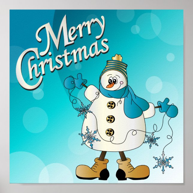 Poster Joyeux bonhomme de neige bleu Noël (Devant)