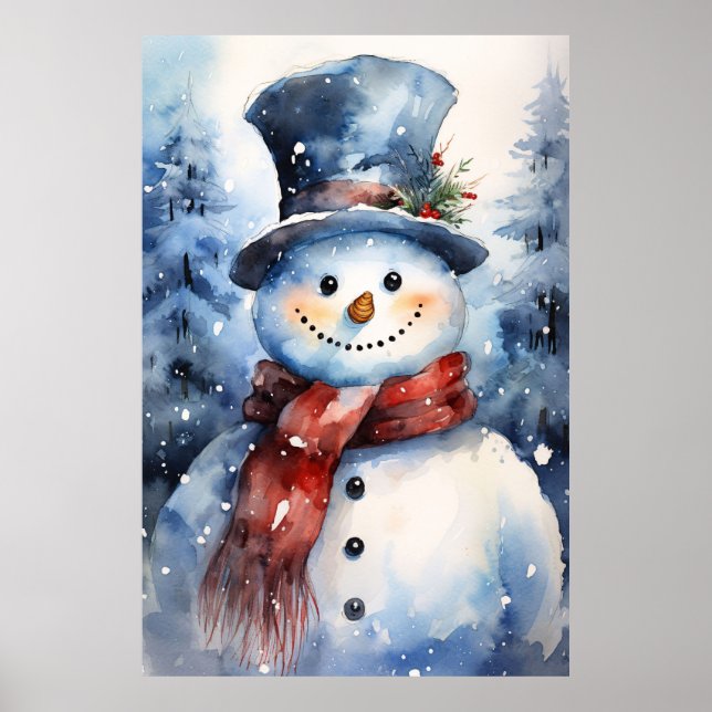 Poster Joyeux bonhomme de neige de Noël avec un chapeau h (Devant)