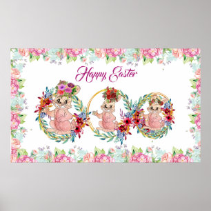 Poster Joyeux Bunny de Pâques Aquarelle Floral Wreath Kid