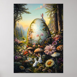 Poster Joyeux Bunny Forêt de Pâques Art Mur lapin