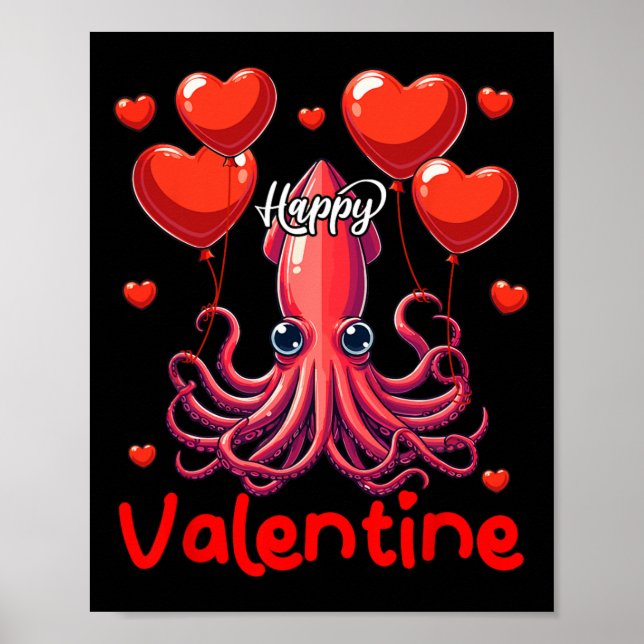 Poster Joyeux Calmar Saint-Valentin tenant coeur Bylloons (Devant)