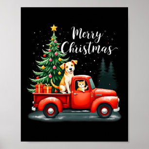 Poster Joyeux Camion Rouge Noël Avec Chien & Chat Noë