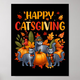Poster Joyeux chat de Thanksgiving Trois jolis chats bleu