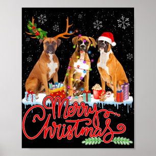 Poster Joyeux chien de Noël Boxer Père Noël Reindeer Ligh