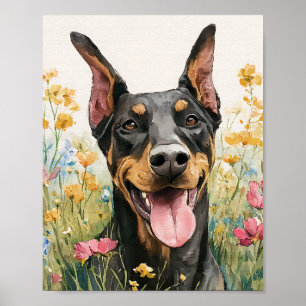 Poster Joyeux Doberman en Fleur sauvage - Aquarelle Dog A