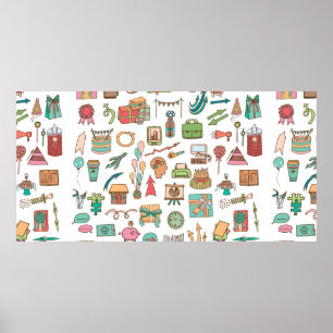 Poster Joyeux éléments de bureau d'anniversaire dans croq