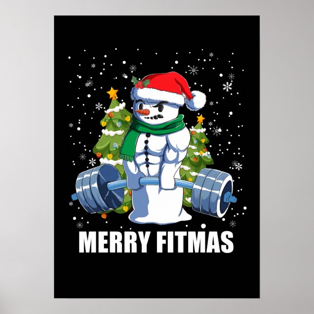 Poster Joyeux Fitmas, Funny Noël Snowman Gym Lifting (Devant)