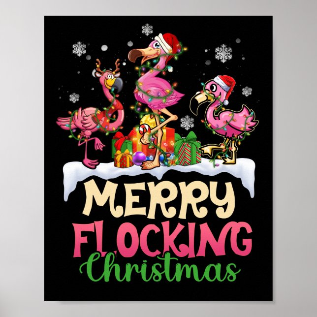 Poster Joyeux flockage Noël Reindeer Père Noël Flamant ro (Devant)