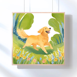 Poster Joyeux Golden Retriever   Peinture aquarelle légèr