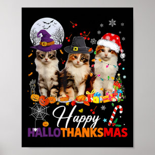 Poster Joyeux Hallothanksmas Cute Cats Halloween Thanksgi