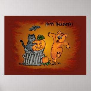 Poster Joyeux Halloween avec Chat Chat Chien et Araignée