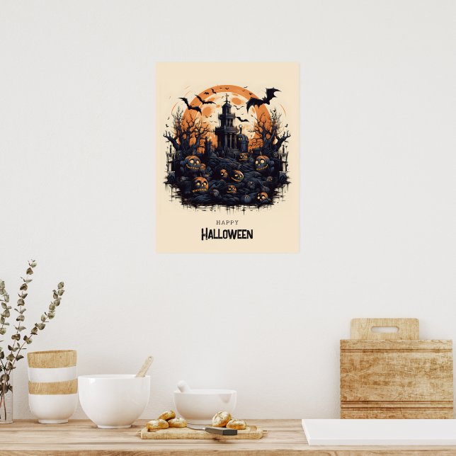Poster Joyeux Halloween citrouilles Éffrayants et chauves (Cuisine)