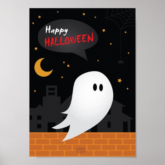 Poster Joyeux Halloween dessin animé nuit de ville fantôm (Devant)