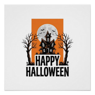 Poster Joyeux Halloween Maison Hantée Graphique Vintage_1