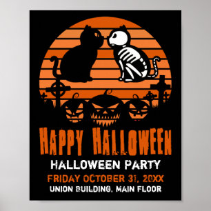 Poster Joyeux Halloween Skeleton Chat Retro Sunset