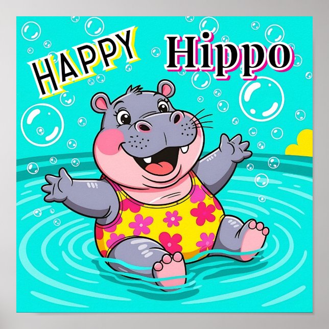 Poster Joyeux Hippo | Belle caricature de l'art de la pép (Devant)
