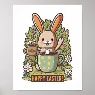 Poster Joyeux Lapin de Pâques Floral Oeuf Chasse Louveur