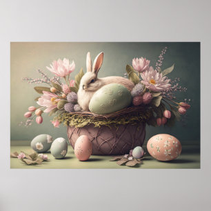 Poster Joyeux lapin et oeufs de Pâques, couleurs pastel P