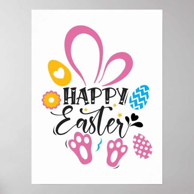 Poster Joyeux lapin mignon de Pâques avec oeufs de Pâques (Devant)