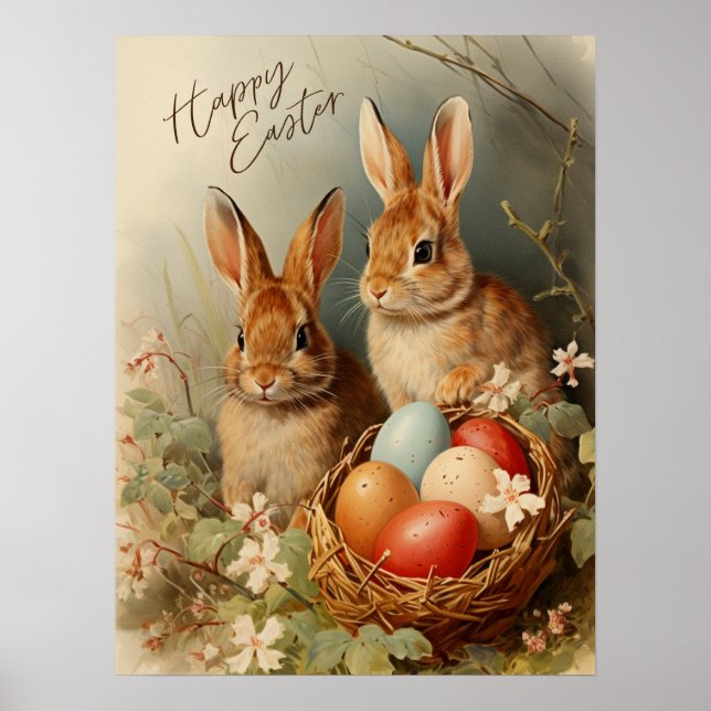 Poster Joyeux lapins de Pâques et panier d'oeufs de Pâque (Devant)