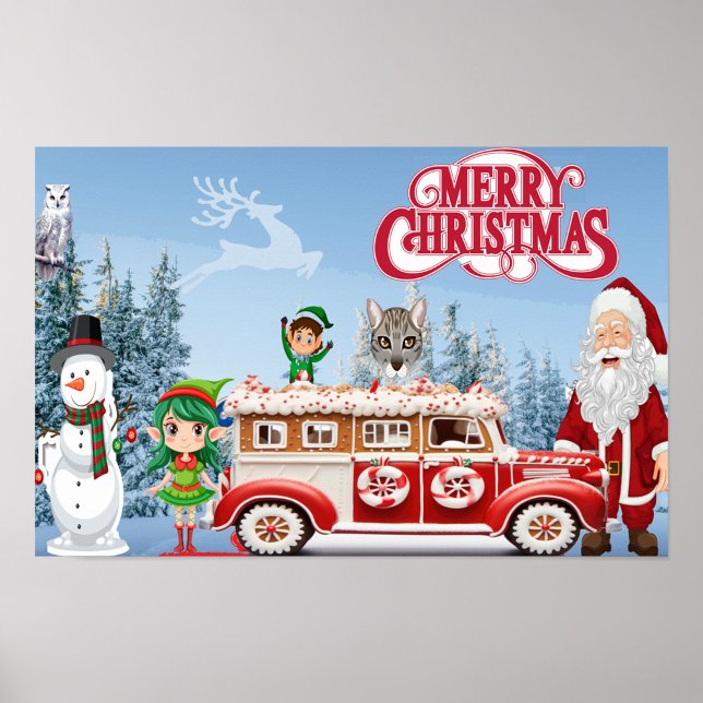 Poster Joyeux Noël (A Christmas Scene with a snowman and Santa Claus.)