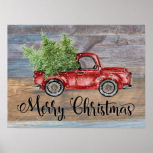 Poster Joyeux Noël Bois Rustique Et Camion Rouge Mignonne