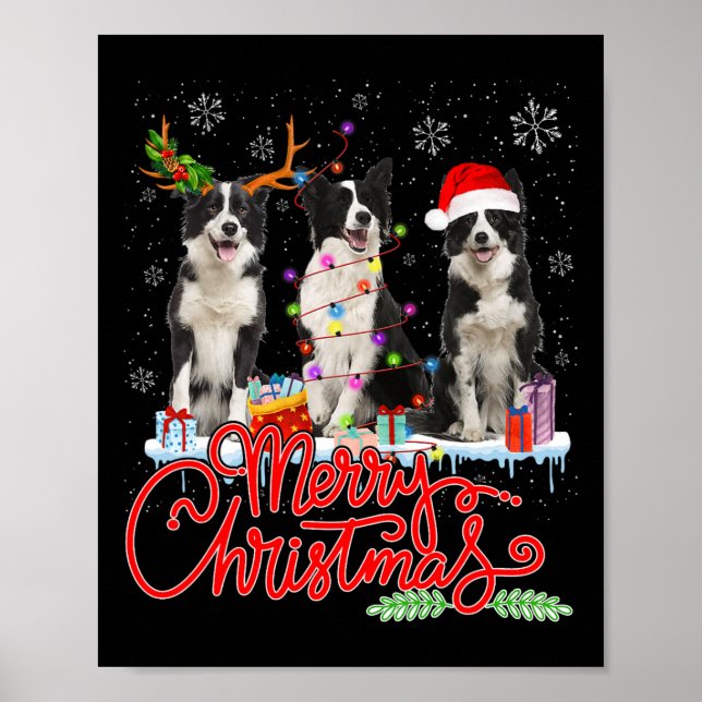 Poster Joyeux Noël Bordure Collie Père Noël Reindeer Ligh (Devant)