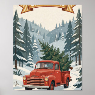 Poster Joyeux Noël — Camion Rouge Rétro avec Sapin