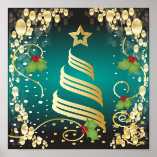 Poster Joyeux Noël Festif Turquoise Bleu et Or