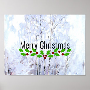 Poster Joyeux Noël, Frosty Birch Trees scène hivernale