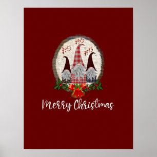 Poster Joyeux Noël Gnomes Rouge, Rustique, Carreaux, Tend