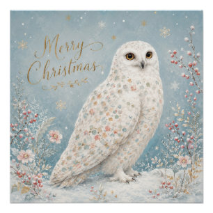 Poster Joyeux Noël Hibou Blanc Paysage Hivernal Enchanté