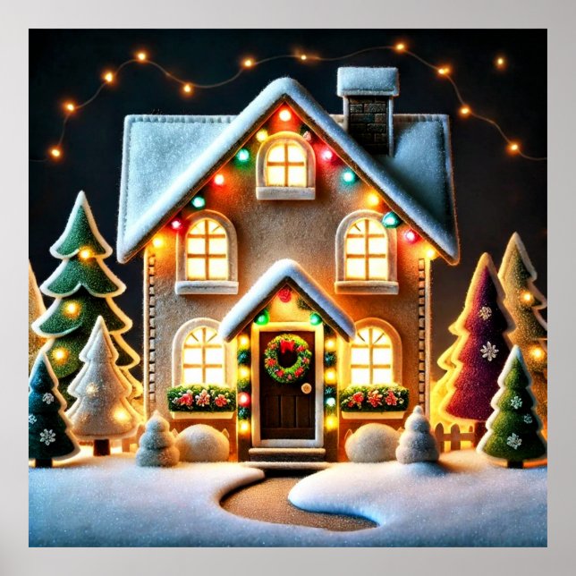 Poster Joyeux Noël - Image de la maison à l'heure de Noël (Devant)