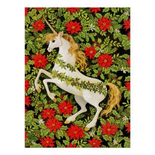 Poster Joyeux Noël Licorne Rouge Vert Blanc