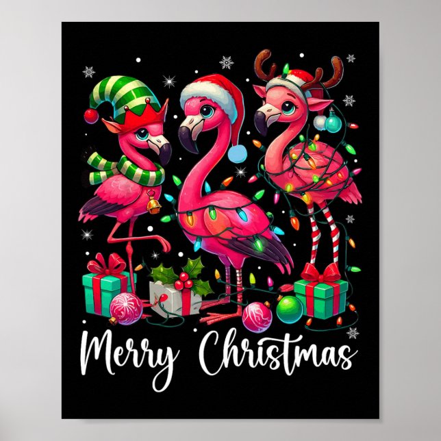 Poster Joyeux Noël Lumières Flamant rose Santa Hat Snow X (Devant)