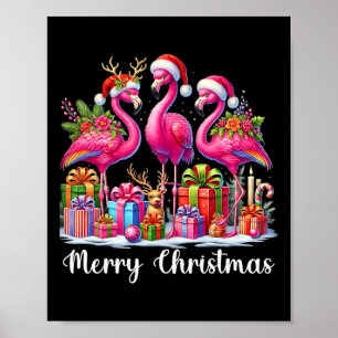 Poster Joyeux Noël Lumières Flamant rose Santa Hat Snow X