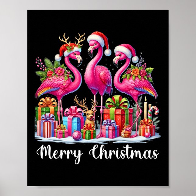 Poster Joyeux Noël Lumières Flamant rose Santa Hat Snow X (Devant)