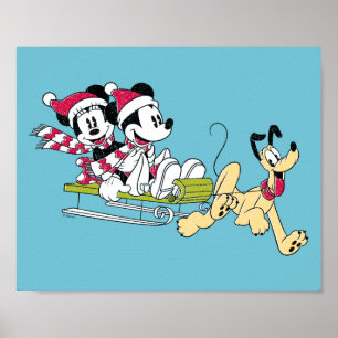 Poster Joyeux Noël Mickey Mouse Luge d'Hiver