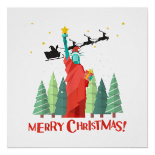 Poster Joyeux Noël New York Santa Claus Statue De Lib