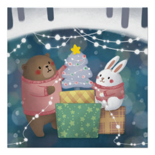 Poster Joyeux Noël : ours et lapin