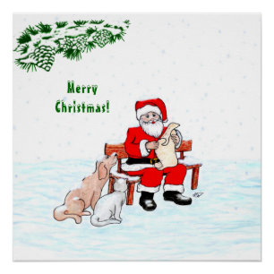 Poster Joyeux Noël! Père Noël avec chat et chien